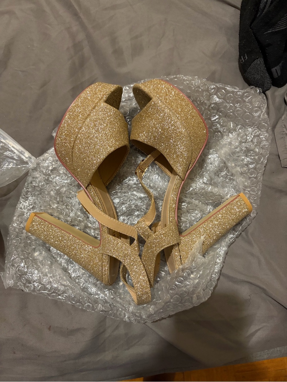Gold Glitter Platform Block Heel Sandals with Ankle Strap